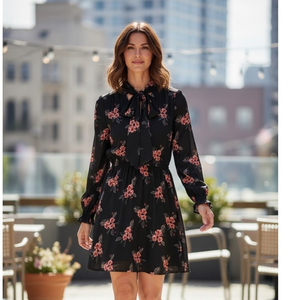 Loft Outlet Women Black Floral Tie Neck Long Sleeve Elastic Waist Dress Small